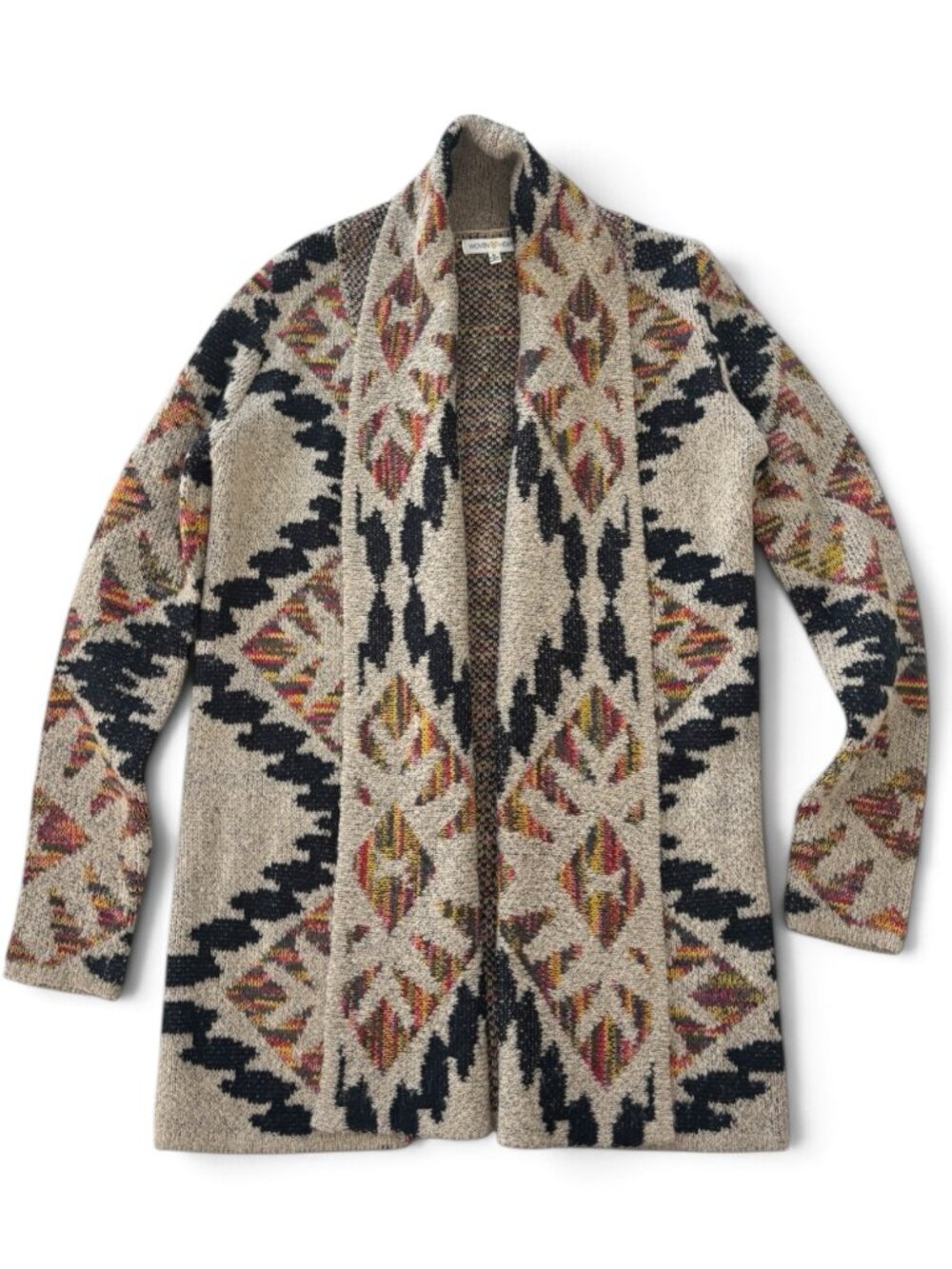 Woven Heart Aztec Boho Open Front Cardigan Small Beige Multicolor